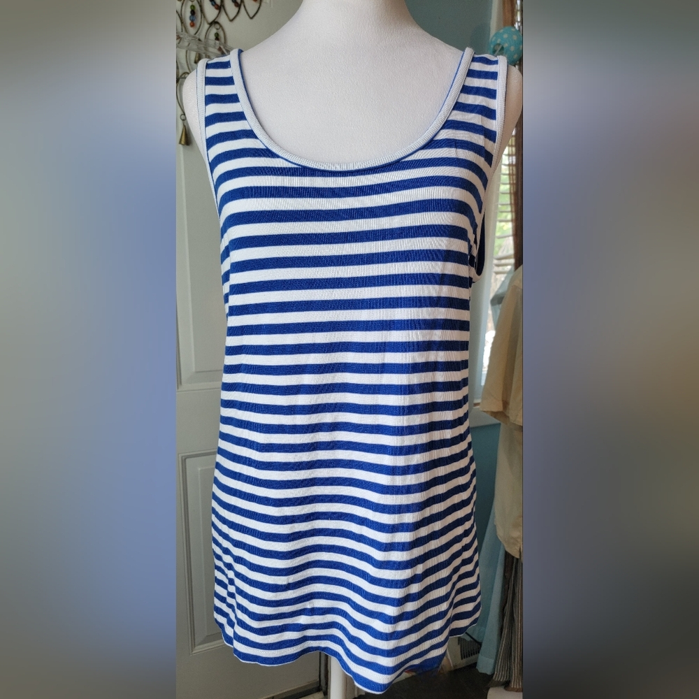 Soft Surroundings Striped Tunic Tank Women's XL Blue & White Ribbed Stretchy Cot
